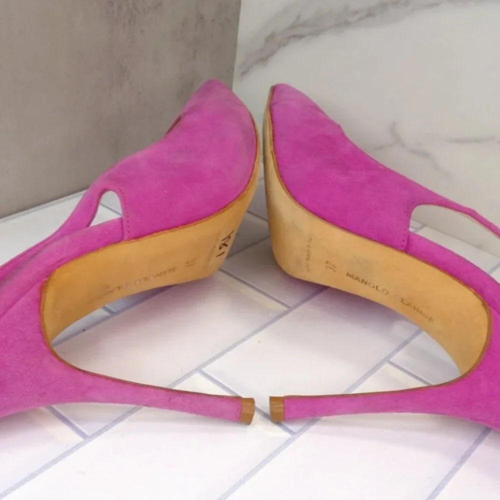 Manolo Blahnik Allura Pink Suede Slingback Pumps Pointed Toe Heels - Picture 9 of 14